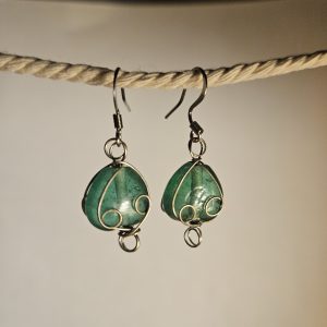 Green bead and wire earrings